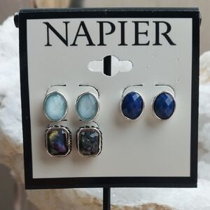 NWT Napier Silver-Tone Earrings with Blue and Iridescent Stones